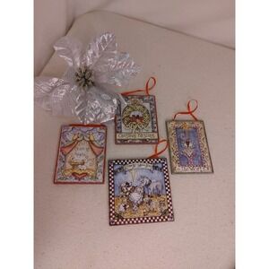 Bundle 4 Christmas Ornament Wood Mini Small Sign Baby Jesus Joy Snowman